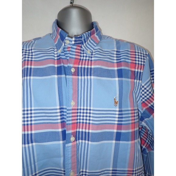 Ralph Lauren Classic Fit Plaid Button Down Shirt Men Size L Blue Pink - Picture 2 of 5